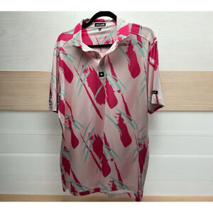 Bad Birdie Polo Shirt Men's Large Pink Artsy Print Performance Golf Bali Hai